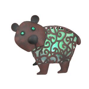 12 Inch Metal Bitty Bear Green Solar LED Statue Yard Decor Garden Sculpture Art